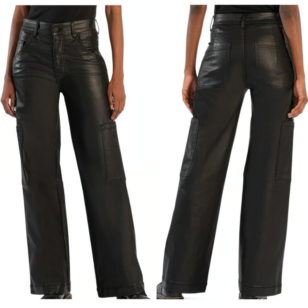 Kut From The Kloth Jodi Fab Ab High Rise Wide Black Coated Pants Cargo Size 8